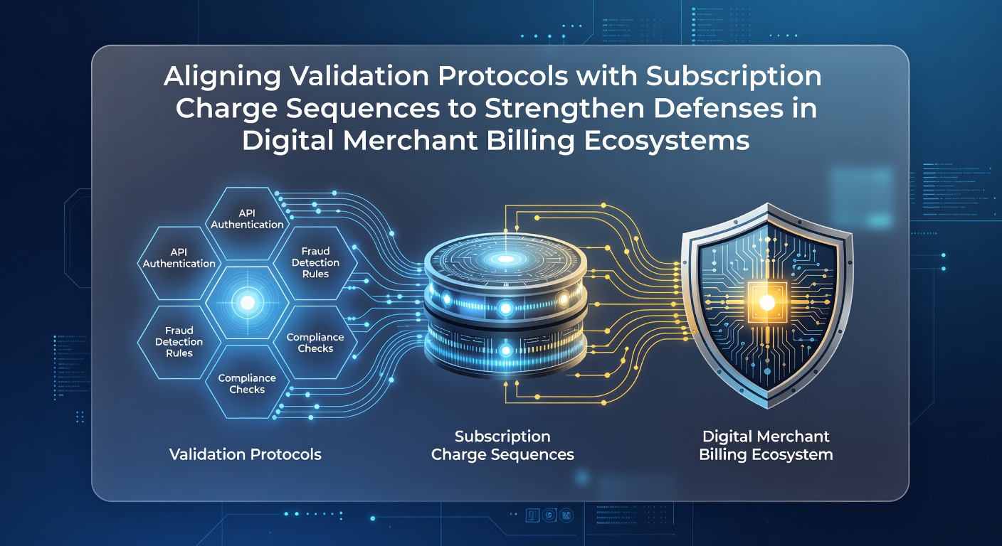 Diagram showing validation protocols integrated with subscription charge sequences in a merchant billing system