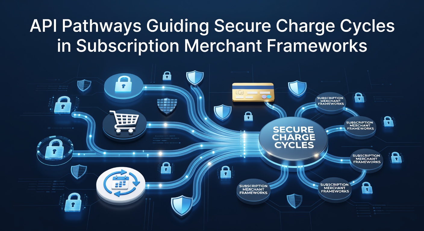 Technical diagram showing API pathways managing secure recurring charge cycles in merchant subscription systems
