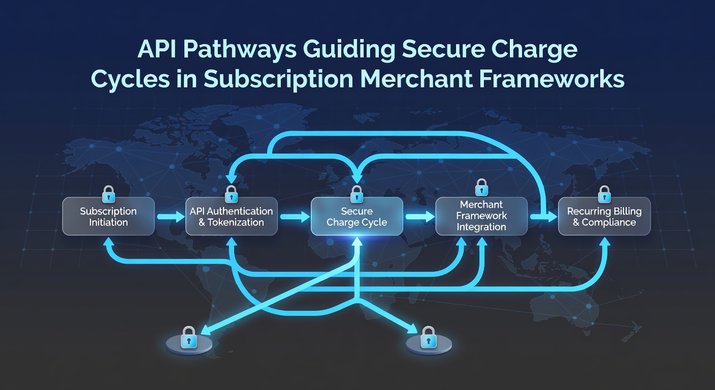 Flowchart illustrating secure charge cycle routing through API endpoints for subscription merchants