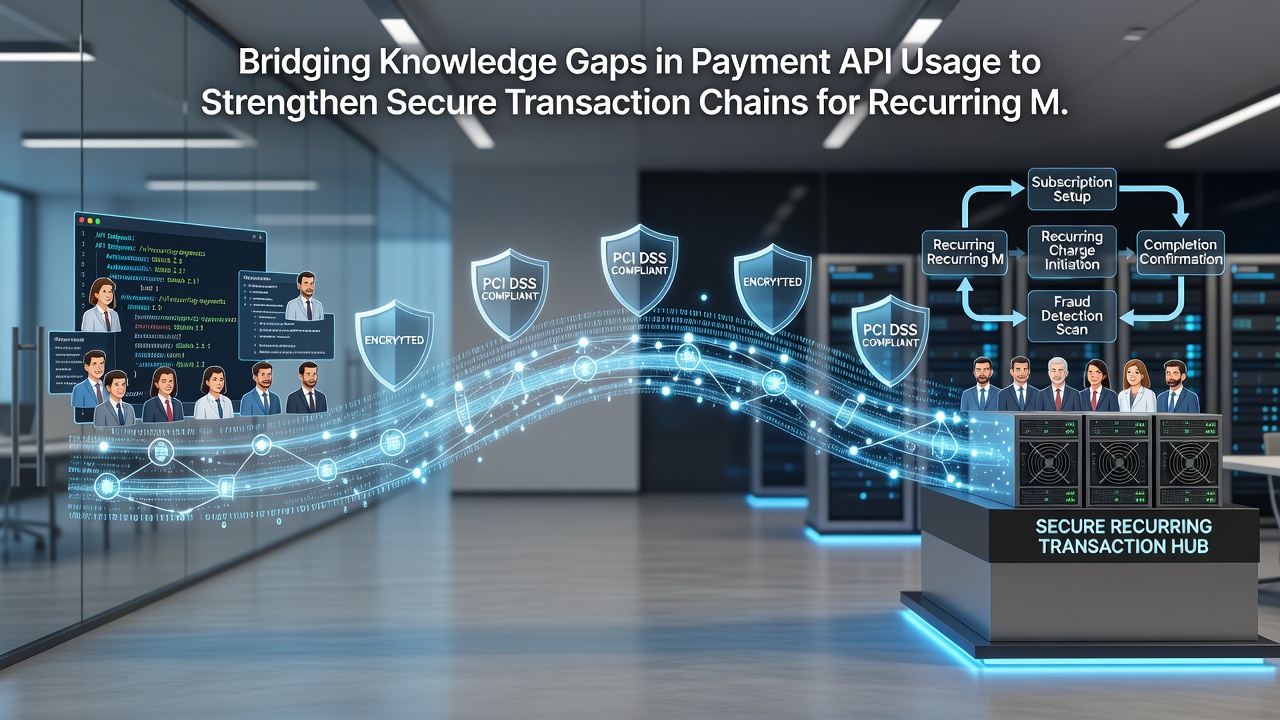 Diagram depicting secure API transaction chains linking merchant systems with recurring charge validation points