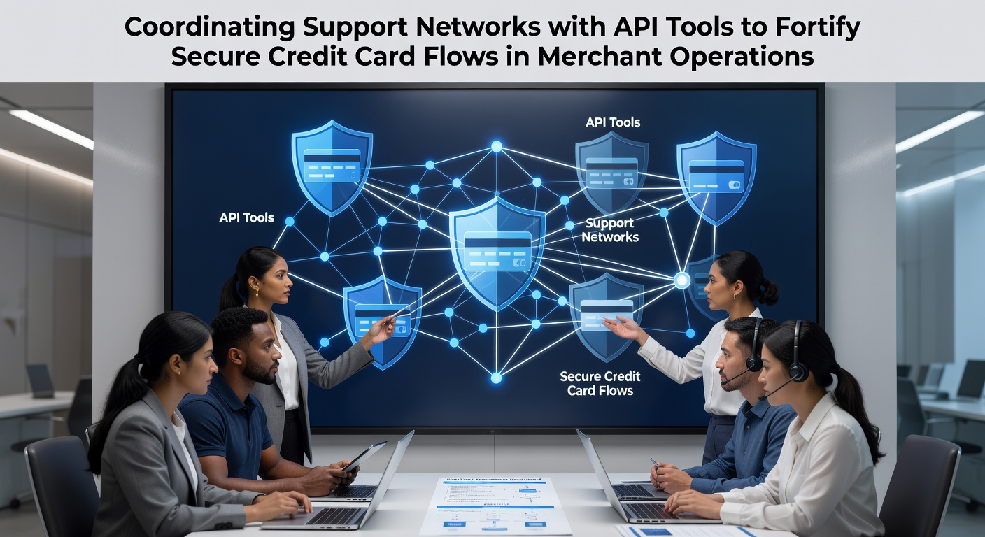 API integration diagram showing coordinated support networks securing credit card transaction flows for merchants