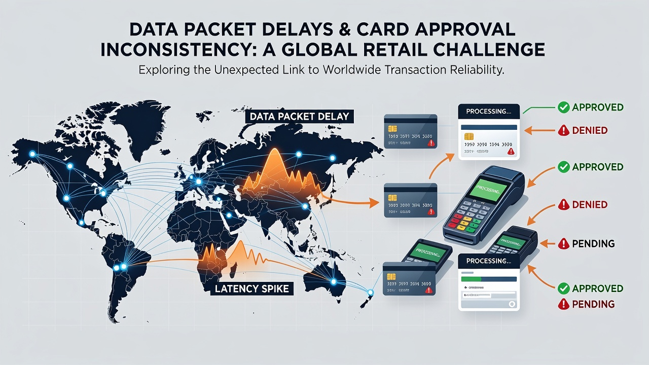 Retail payment terminal connected to global network infrastructure illustrating latency paths affecting card authorizations