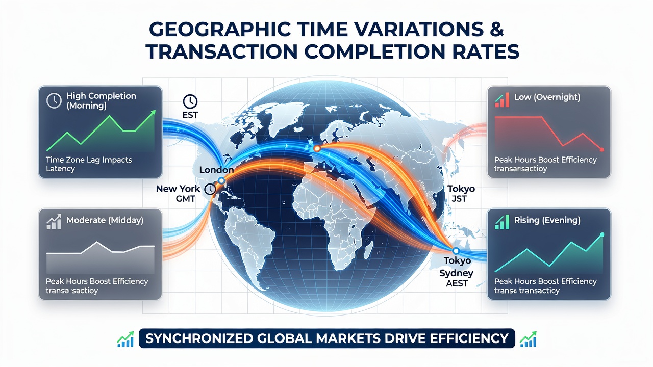 Charts displaying hourly transaction completion percentages across multiple international time zones