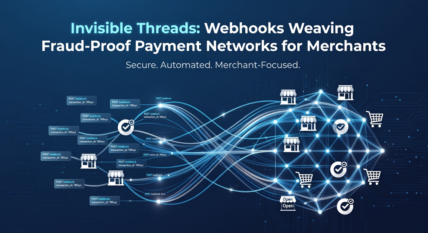 Flowchart showing webhook flow from payment event to merchant fraud response and network reinforcement