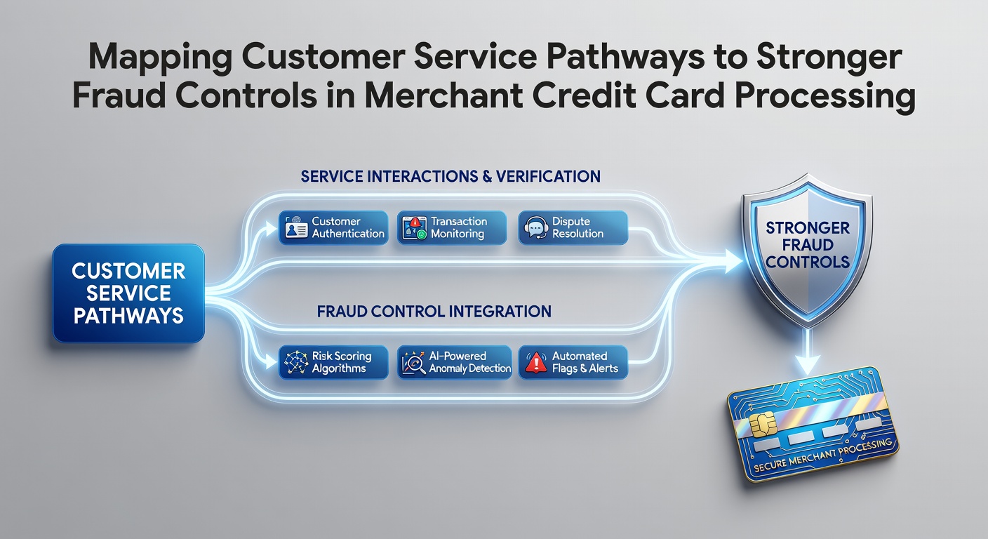 Diagram showing customer service pathways integrated with fraud detection points in merchant credit card processing flows