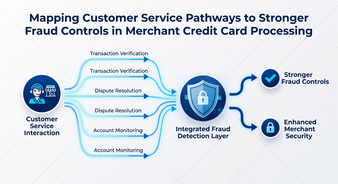 Flowchart illustrating mapped customer service steps connected to real-time fraud scoring and merchant notification systems