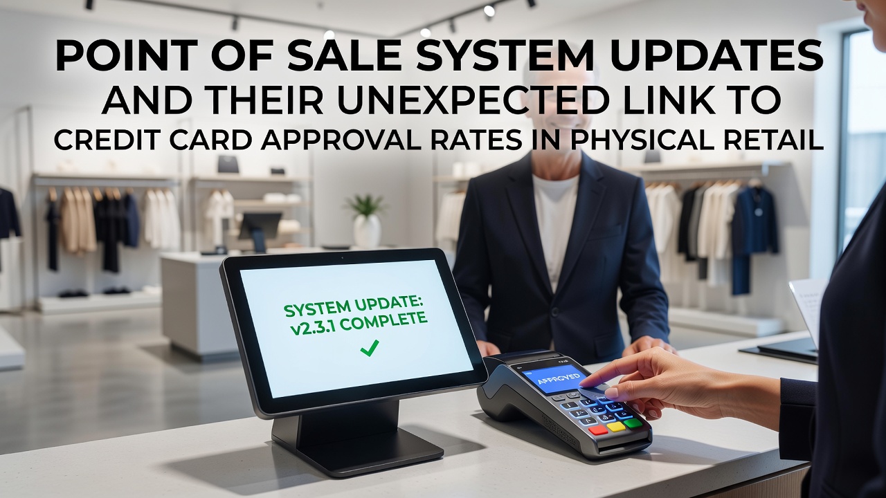 Close-up view of point of sale software dashboard displaying transaction approval metrics and system update notifications