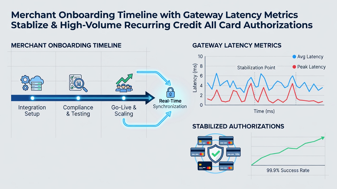 Diagram showing merchant onboarding process aligned with payment gateway latency monitoring for recurring credit card authorizations