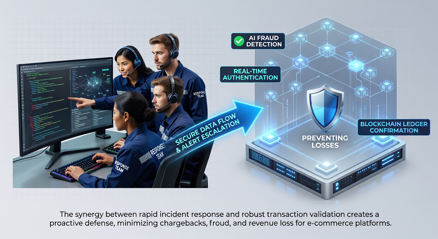 Integrated response team dashboard displaying transaction validation alerts for merchant protection